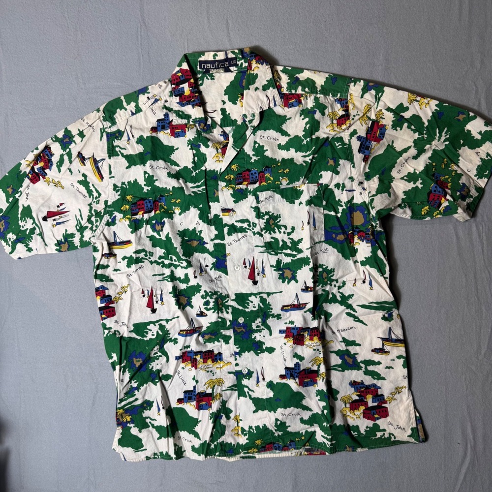 Vtg 80s Nautica Mens Large Cotton Poplin Caribbean Map Island Print Button Shirt
